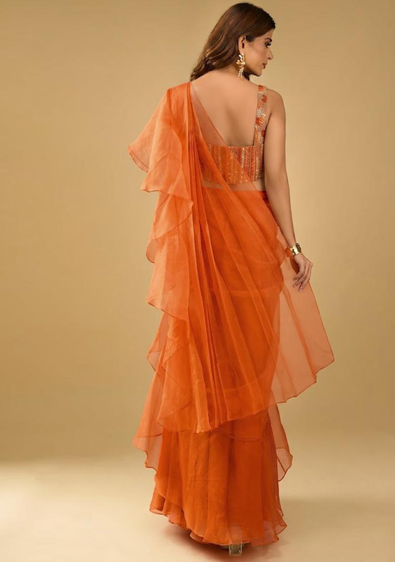 Orange Organza Sequin Handwork Pre Draped Saree Set - Indya