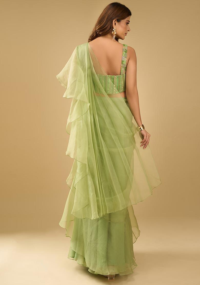 Fresh Green Organza Sequin Handwork Pre Draped Saree Set - Indya