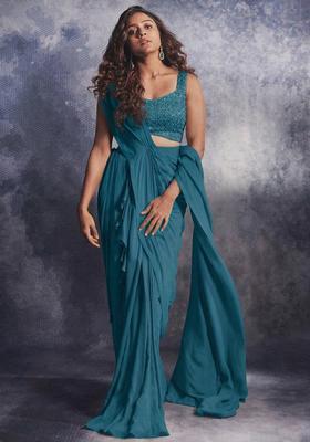 Saxony Blue Crepe Embroidered Handwork Pre Draped Saree Set