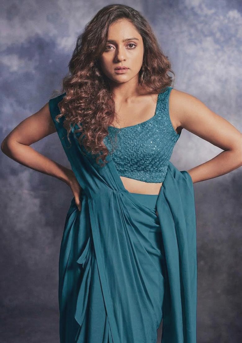 Saxony Blue Crepe Embroidered Handwork Pre Draped Saree Set - Indya