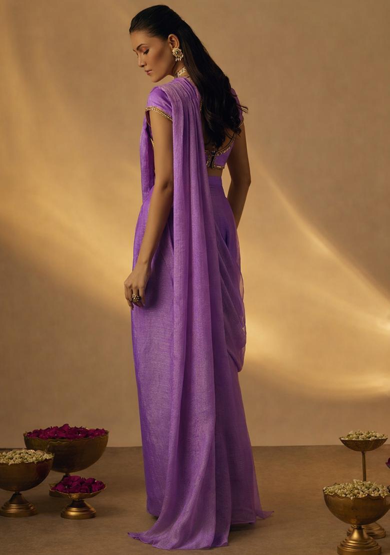 Orchid Purple Chinon Embellished Handwork Pre Draped Saree Set - Indya