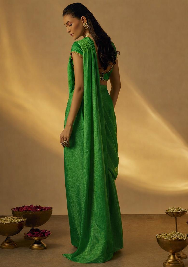 Green Chinon Embellished Handwork Pre Draped Saree Set - Indya
