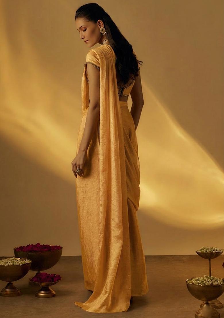 Yellow Chinon Embellished Handwork Pre Draped Saree Set - Indya