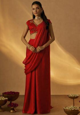 Pink Chinon Embellished Handwork Pre Draped Saree Set