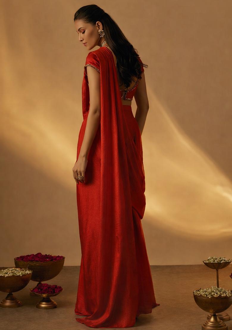 Pink Chinon Embellished Handwork Pre Draped Saree Set - Indya