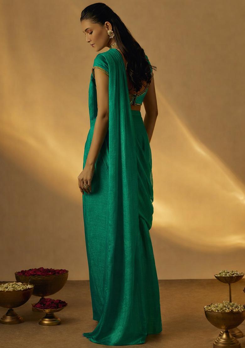 Slush Blue Chinon Embellished Handwork Pre Draped Saree Set - Indya