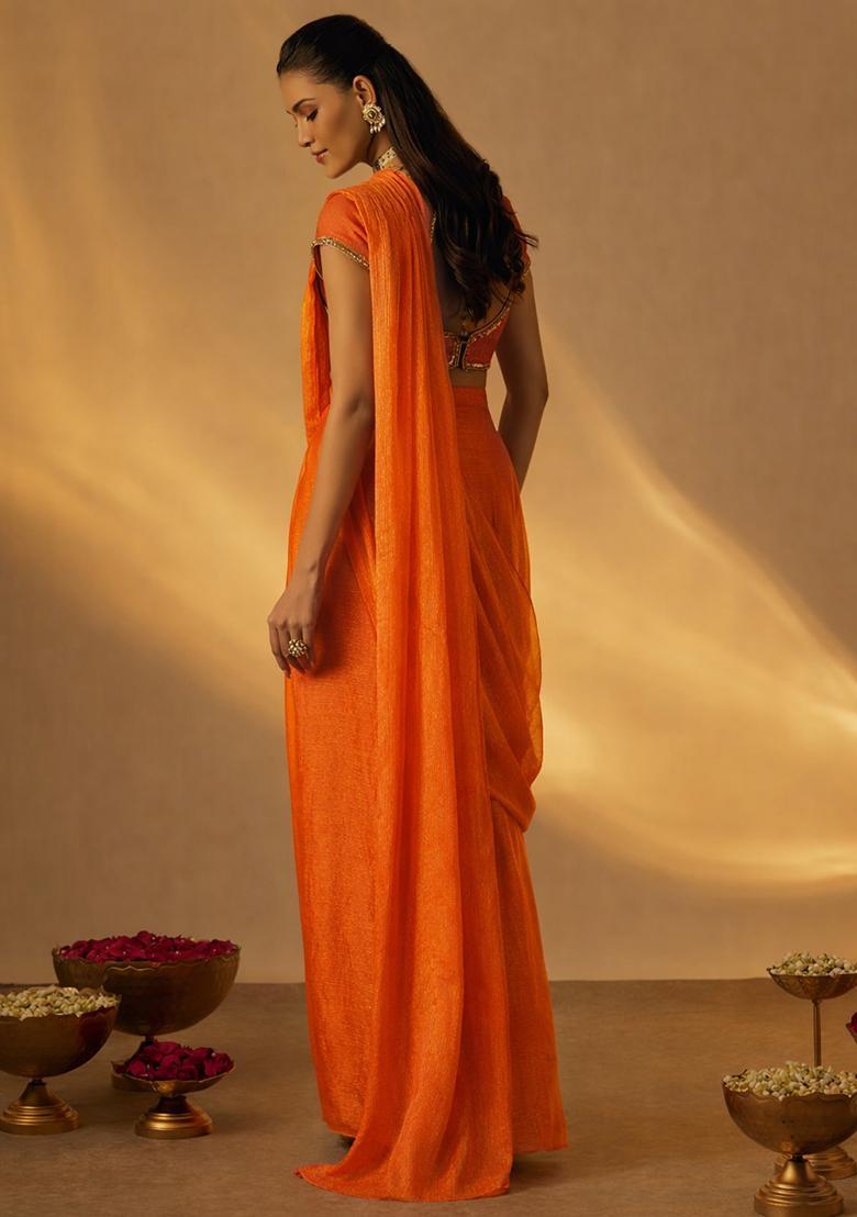 Vermillion Orange Chinon Embellished Handwork Pre Draped Saree Set - Indya