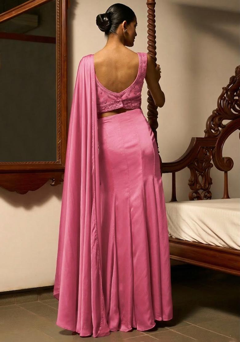 Pink Satin Embellished Handwork Pre Draped Saree Set - Indya