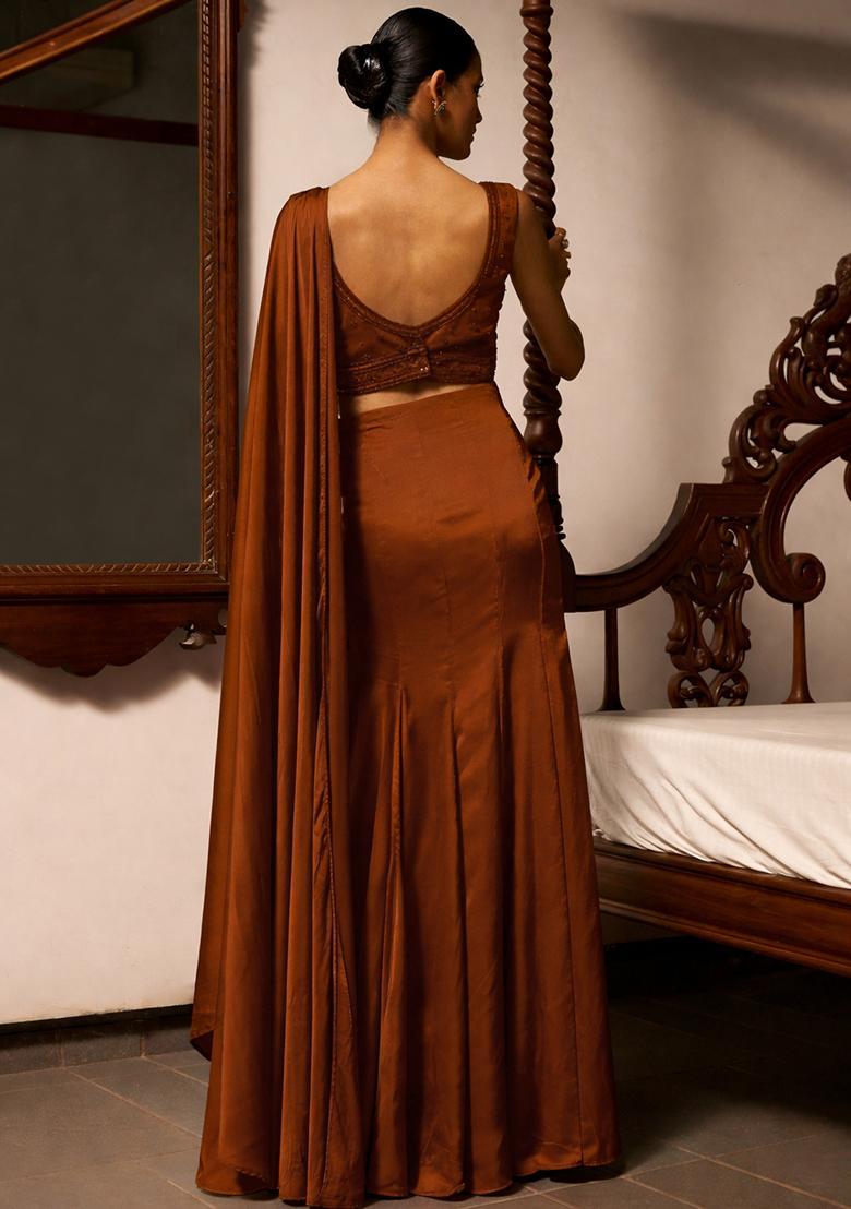 Caramel Brown Satin Embellished Handwork Pre Draped Saree Set - Indya