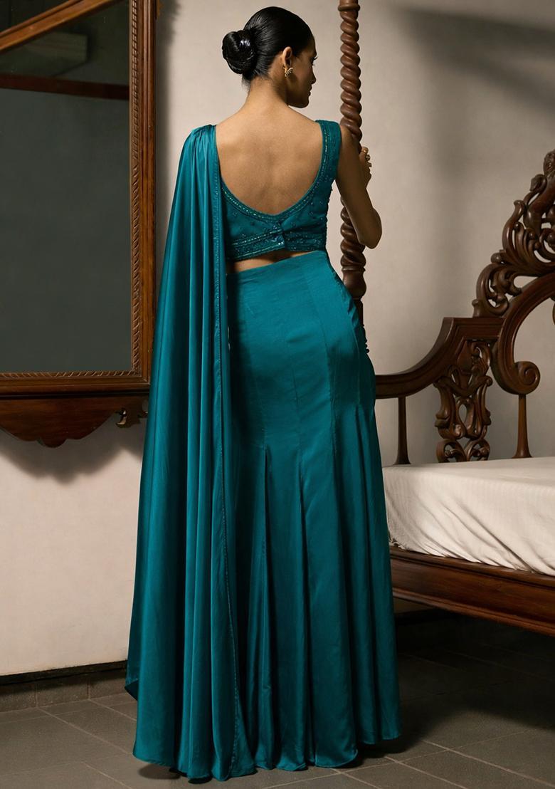 Peacock Blue Satin Embellished Handwork Pre Draped Saree Set - Indya