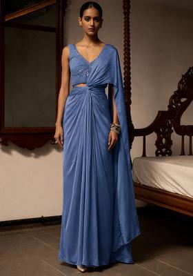 Faded Blue Satin Embellished Handwork Pre Draped Saree Set