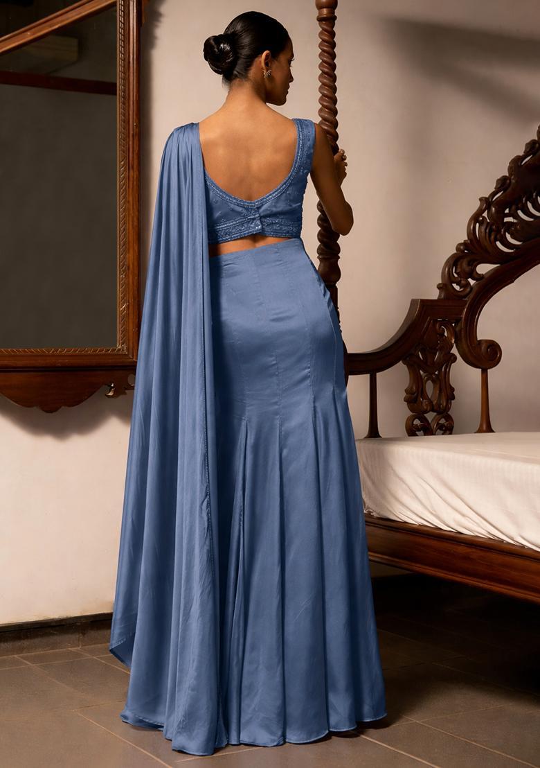 Faded Blue Satin Embellished Handwork Pre Draped Saree Set - Indya