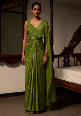 Moss Green Satin Embellished Handwork Pre Draped Saree Set