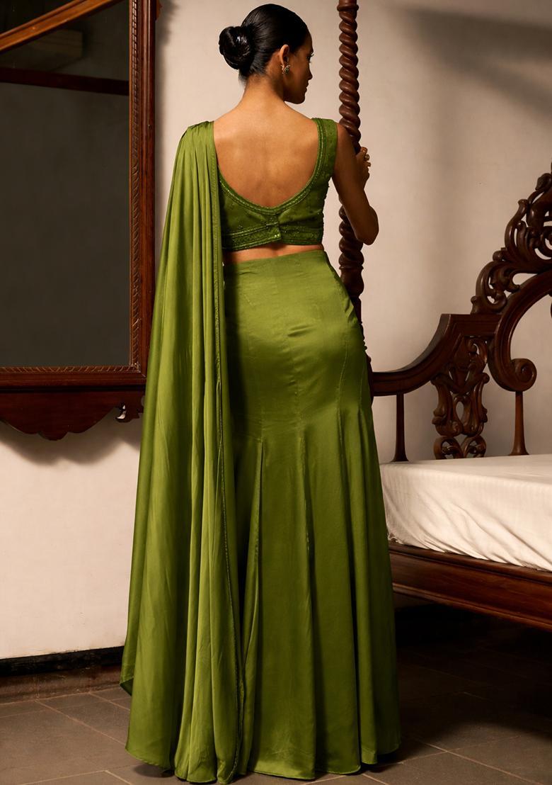 Moss Green Satin Embellished Handwork Pre Draped Saree Set - Indya