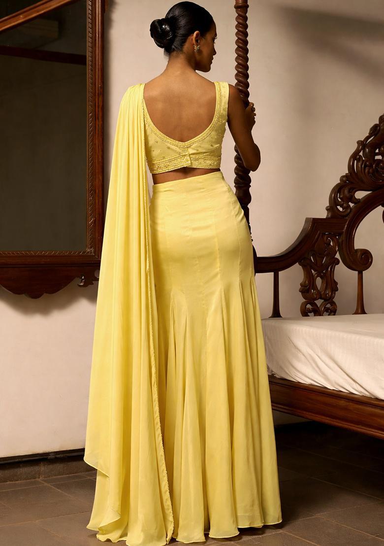 Iris Yellow Satin Embellished Handwork Pre Draped Saree Set - Indya