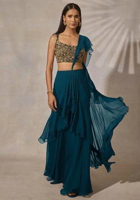 Teal Blue Georgette Embroidered Handwork Fusion Set