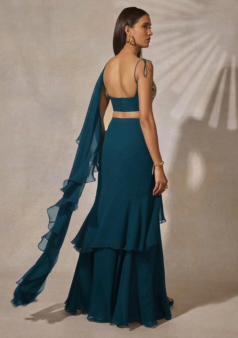 Teal Blue Georgette Embroidered Handwork Fusion Set - Indya