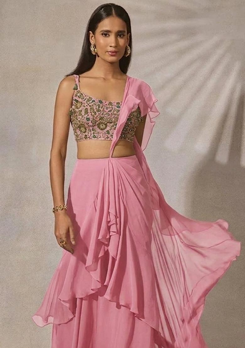 Pink Georgette Embroidered Handwork Fusion Set - Indya