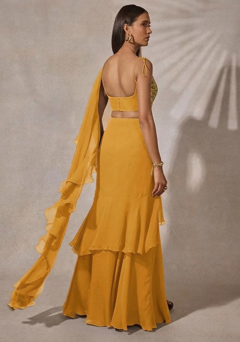 Yellow Georgette Embroidered Handwork Fusion Set - Indya