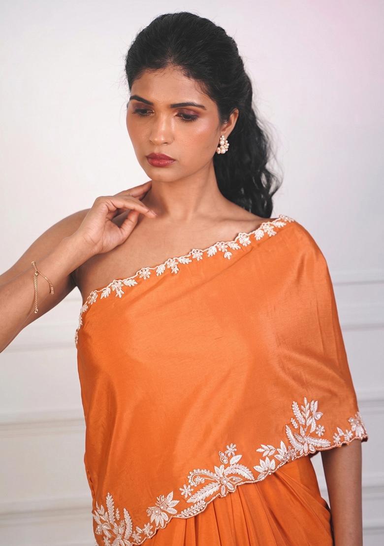 Bright Orange Crepe Embroidered Handwork Fusion Set - Indya