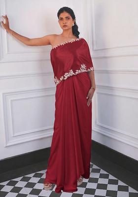 Chili Red Crepe Embroidered Handwork Fusion Set