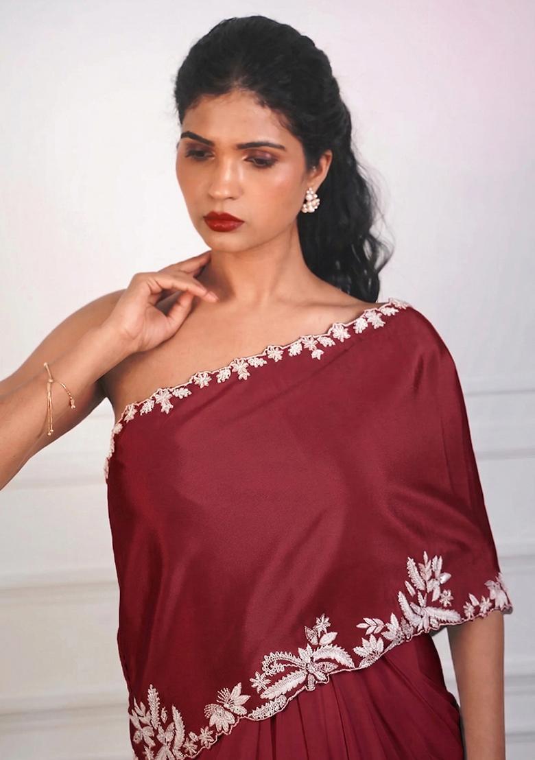 Chili Red Crepe Embroidered Handwork Fusion Set - Indya