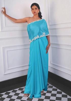 Cyan Blue Crepe Embroidered Handwork Fusion Set