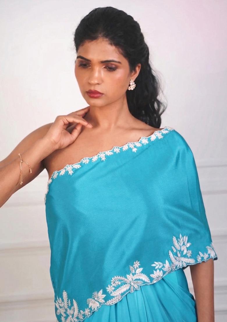 Cyan Blue Crepe Embroidered Handwork Fusion Set - Indya