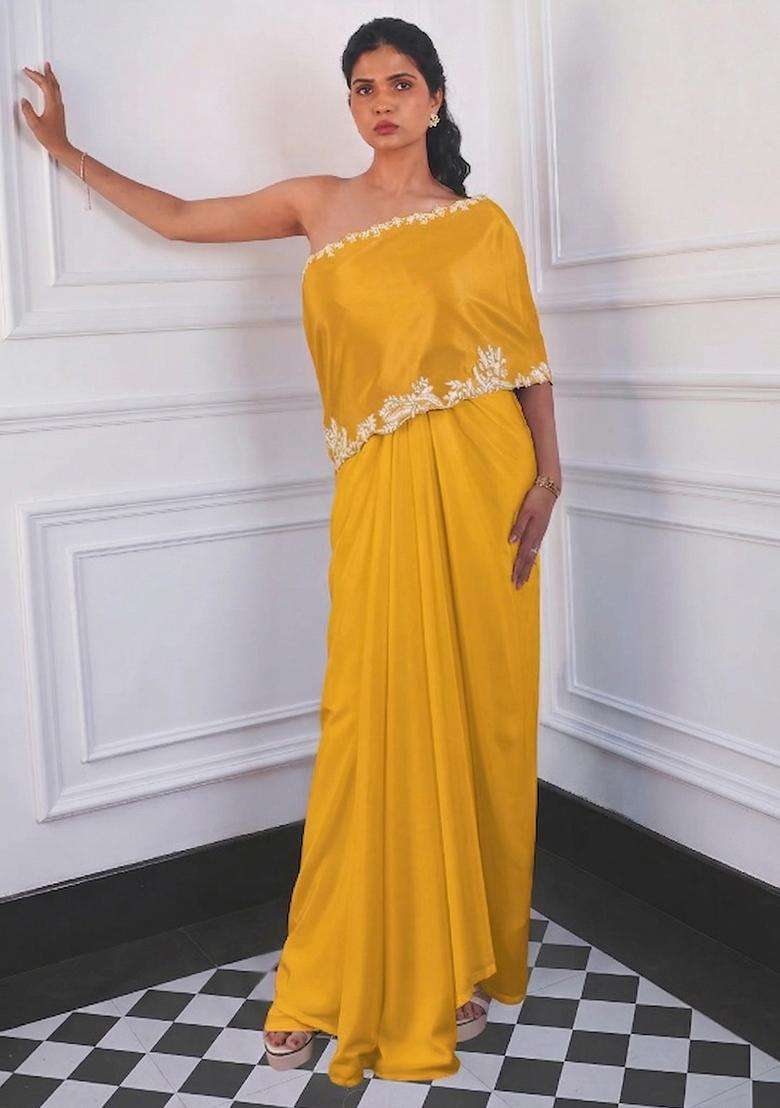 Golden Yellow Crepe Embroidered Handwork Fusion Set - Indya