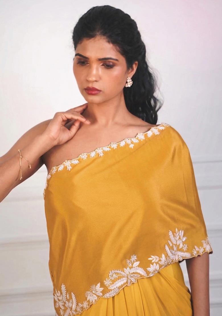 Golden Yellow Crepe Embroidered Handwork Fusion Set - Indya