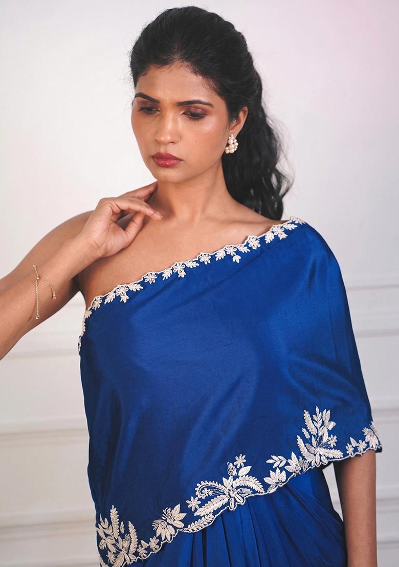 Navy Blue Crepe Embroidered Handwork Fusion Set - Indya