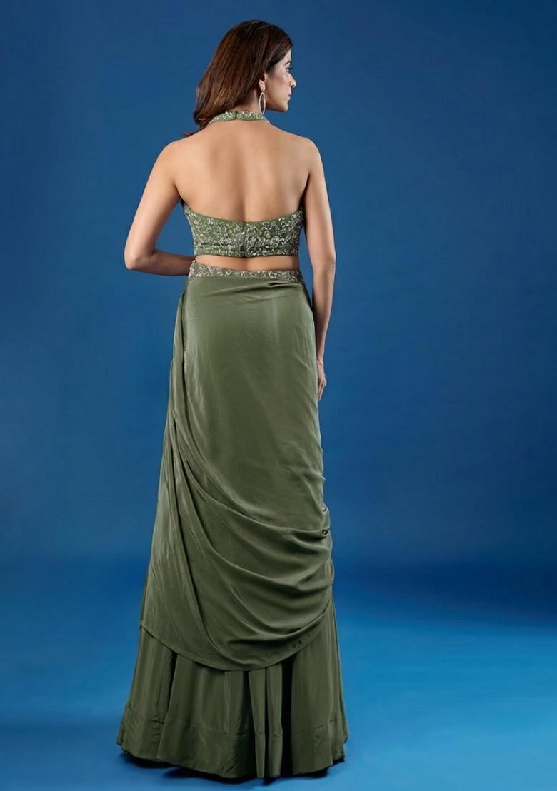 Muted Green Chinon Embellished Handwork Lehenga Set - Indya