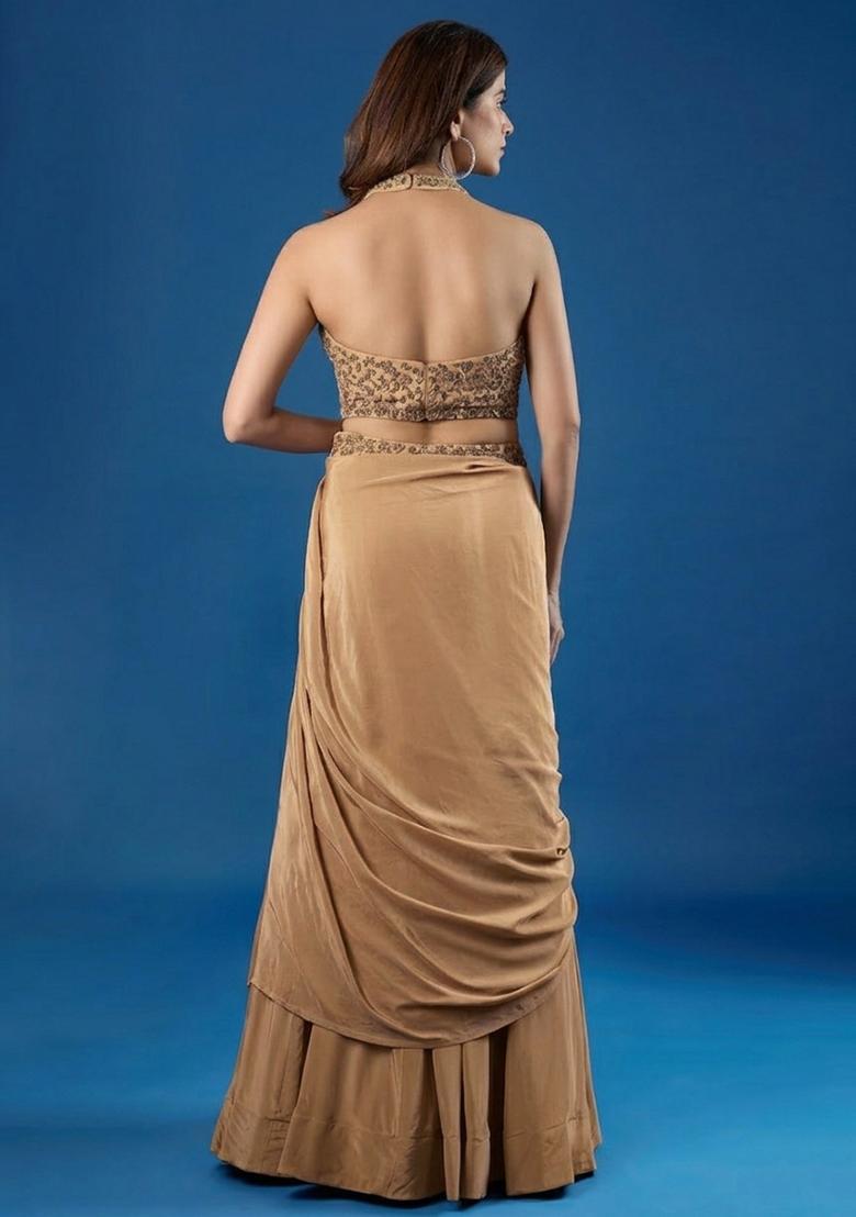 Natural Beige Chinon Embellished Handwork Lehenga Set - Indya