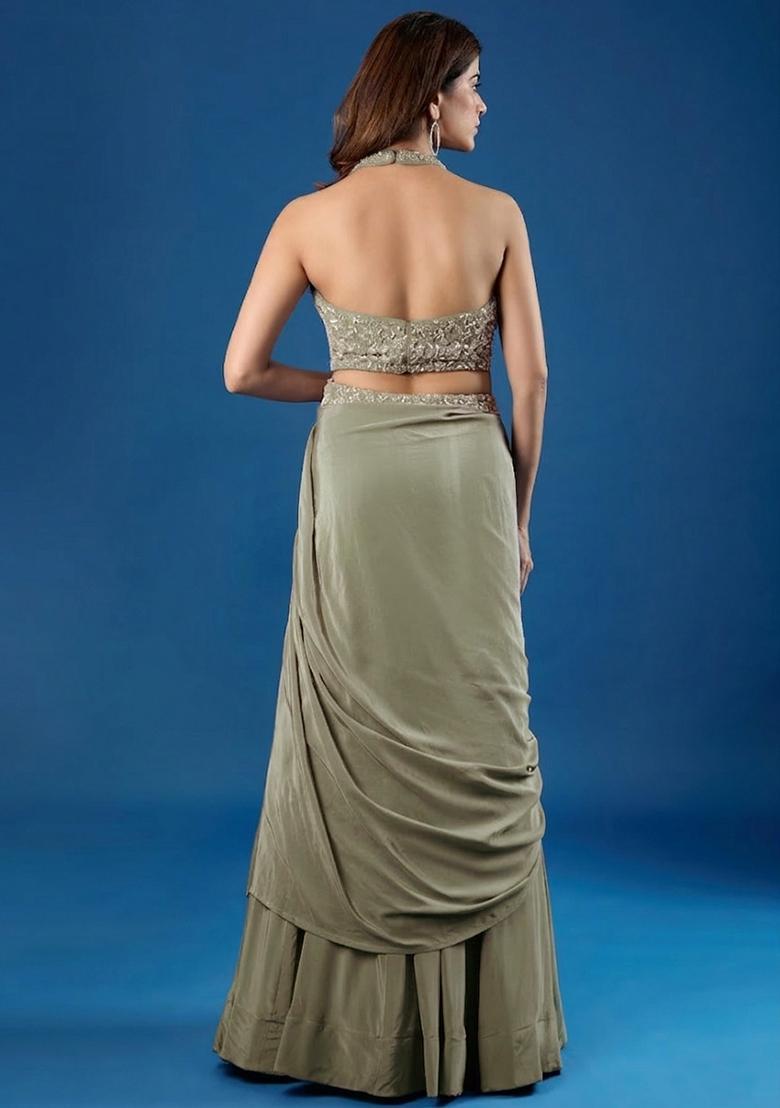 Sage Green Chinon Embellished Handwork Lehenga Set - Indya
