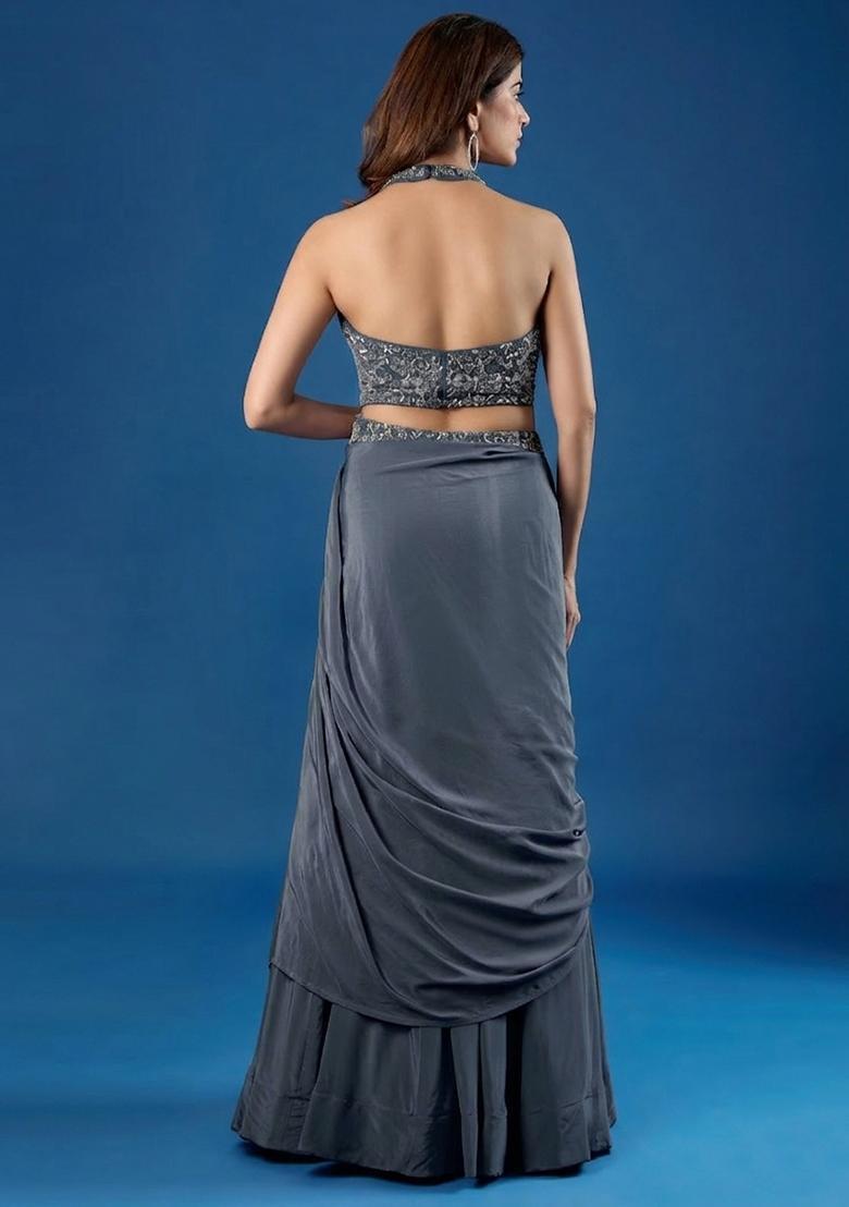 Dark Grey Chinon Embellished Handwork Lehenga Set - Indya