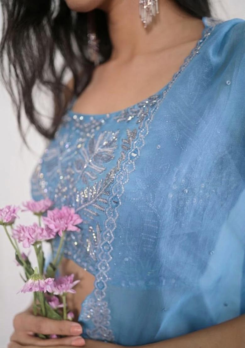 Steel Blue Crepe Embroidered Handwork Fusion Set - Indya