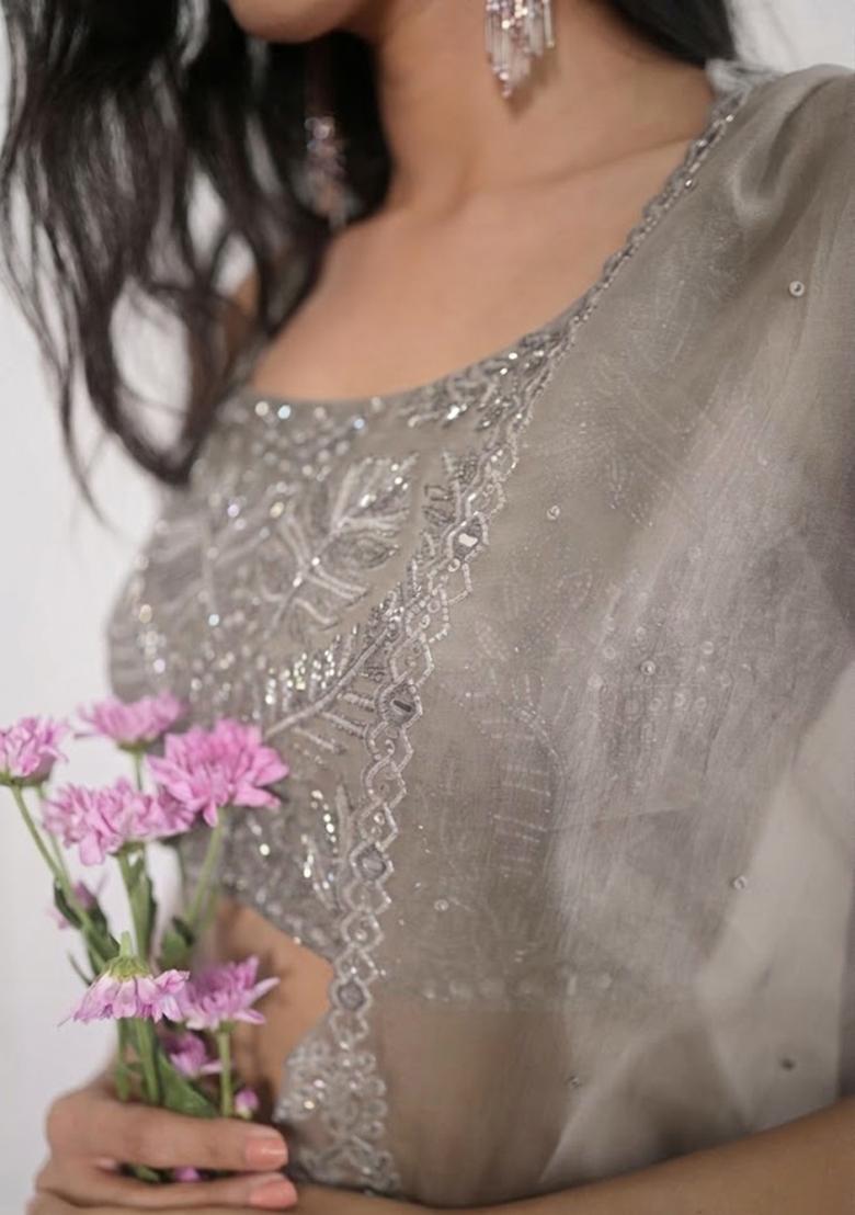 Grey Crepe Embroidered Handwork Fusion Set - Indya