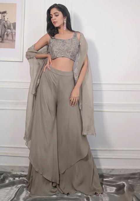 Grey Crepe Embroidered Handwork Fusion Set
