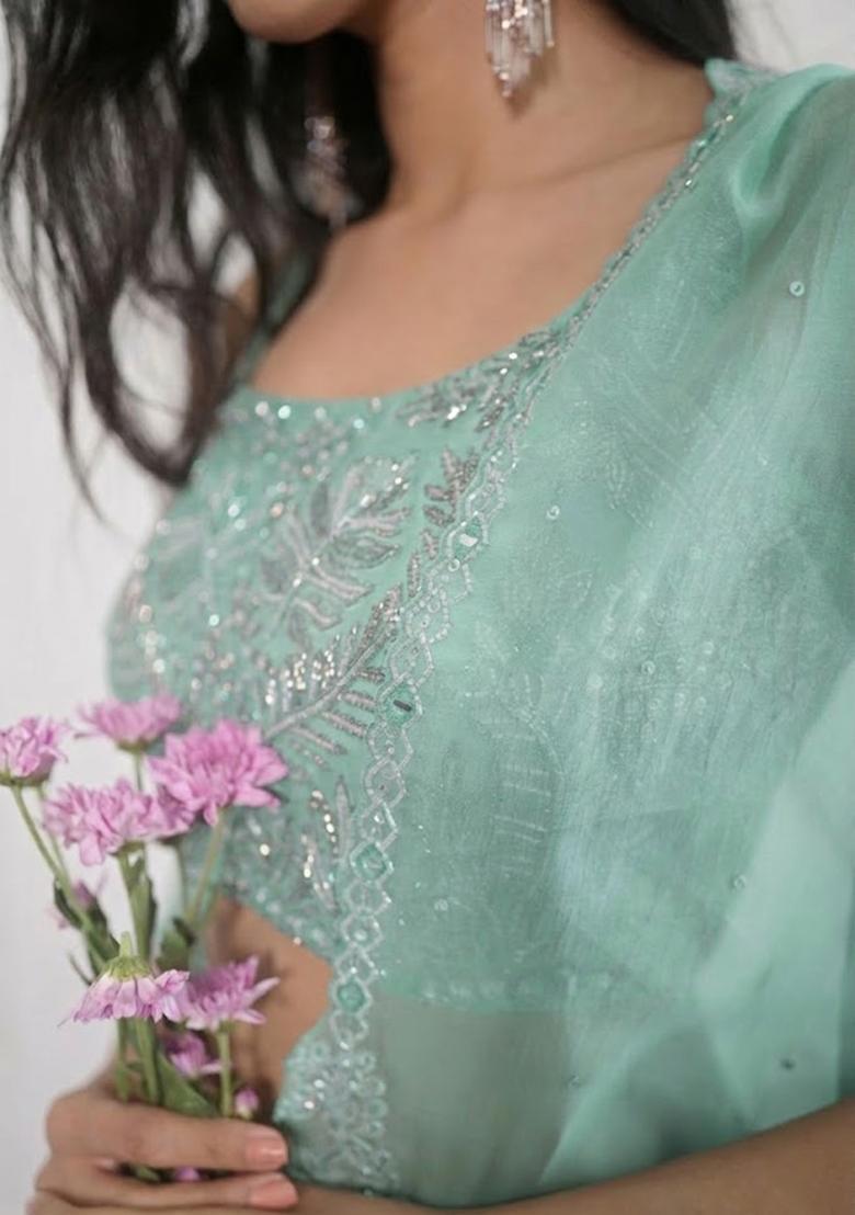 Mint Crepe Embroidered Handwork Fusion Set - Indya