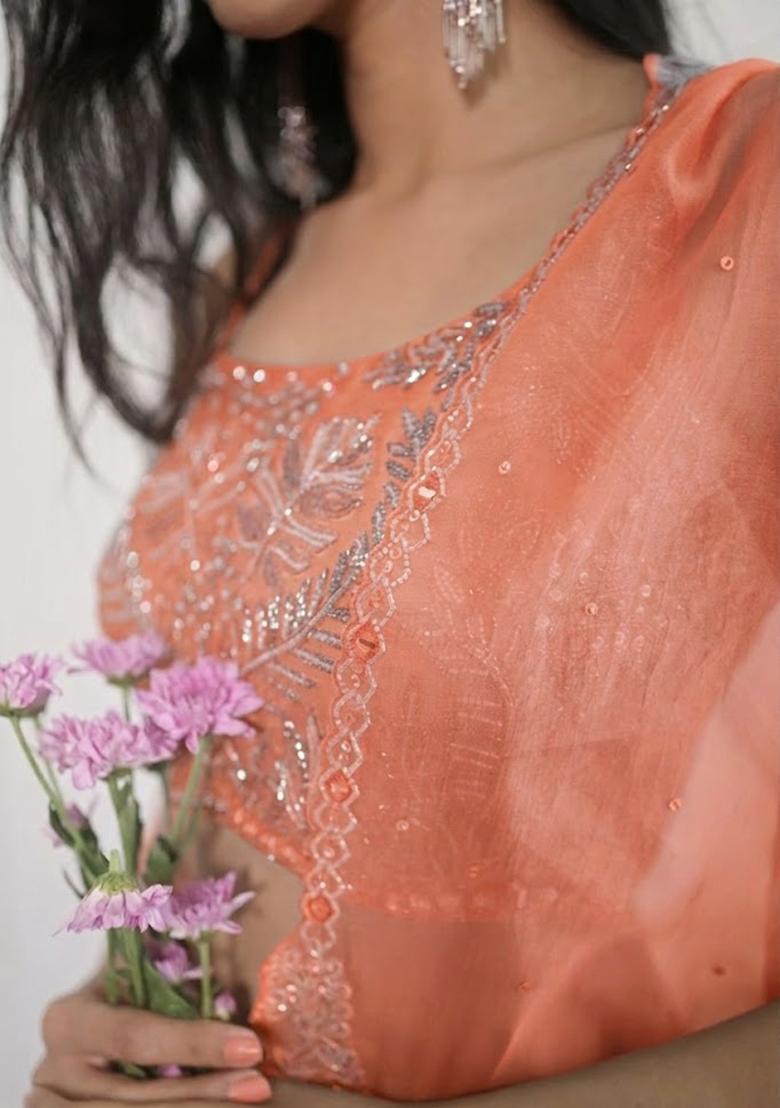 Peach Crepe Embroidered Handwork Fusion Set - Indya