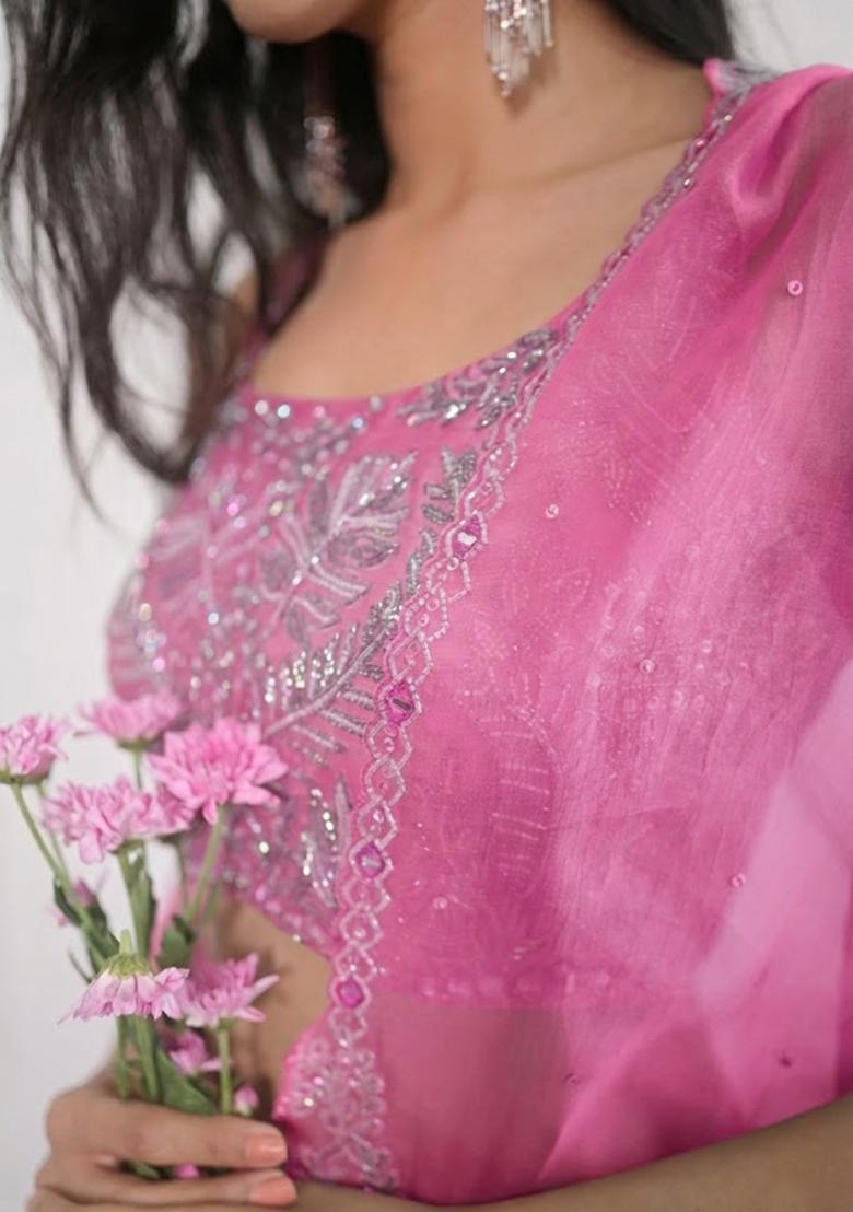 Pink Crepe Embroidered Handwork Fusion Set - Indya