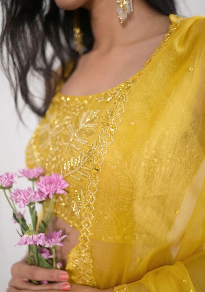 Yellow Crepe Embroidered Handwork Fusion Set - Indya