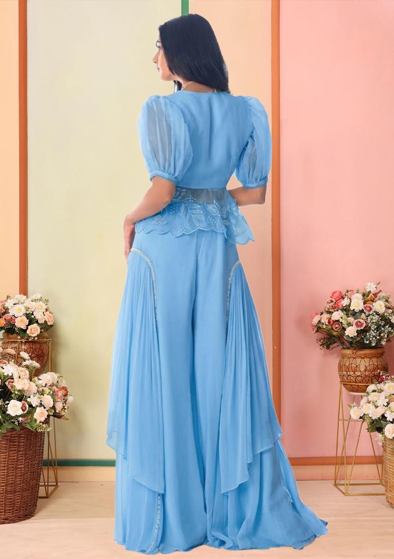 Sky Blue Organza Embroidered Handwork Fusion Set - Indya