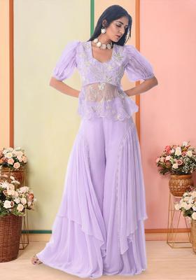 Lavender Organza Embroidered Handwork Fusion Set