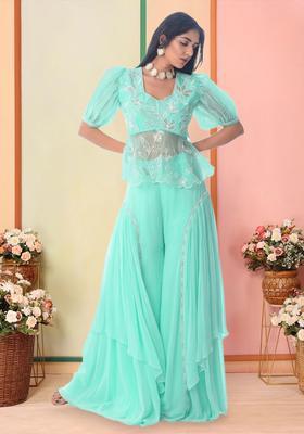 Mint Organza Embroidered Handwork Fusion Set