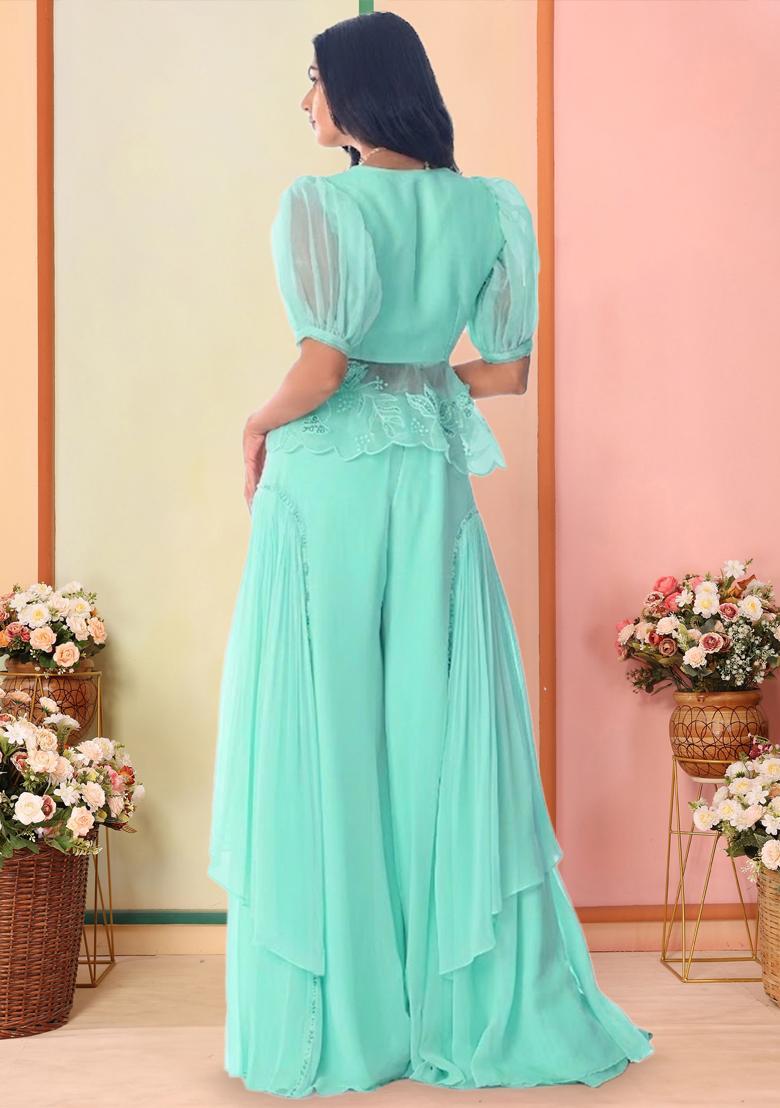 Mint Organza Embroidered Handwork Fusion Set - Indya