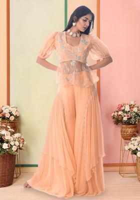 Peach Organza Embroidered Handwork Fusion Set