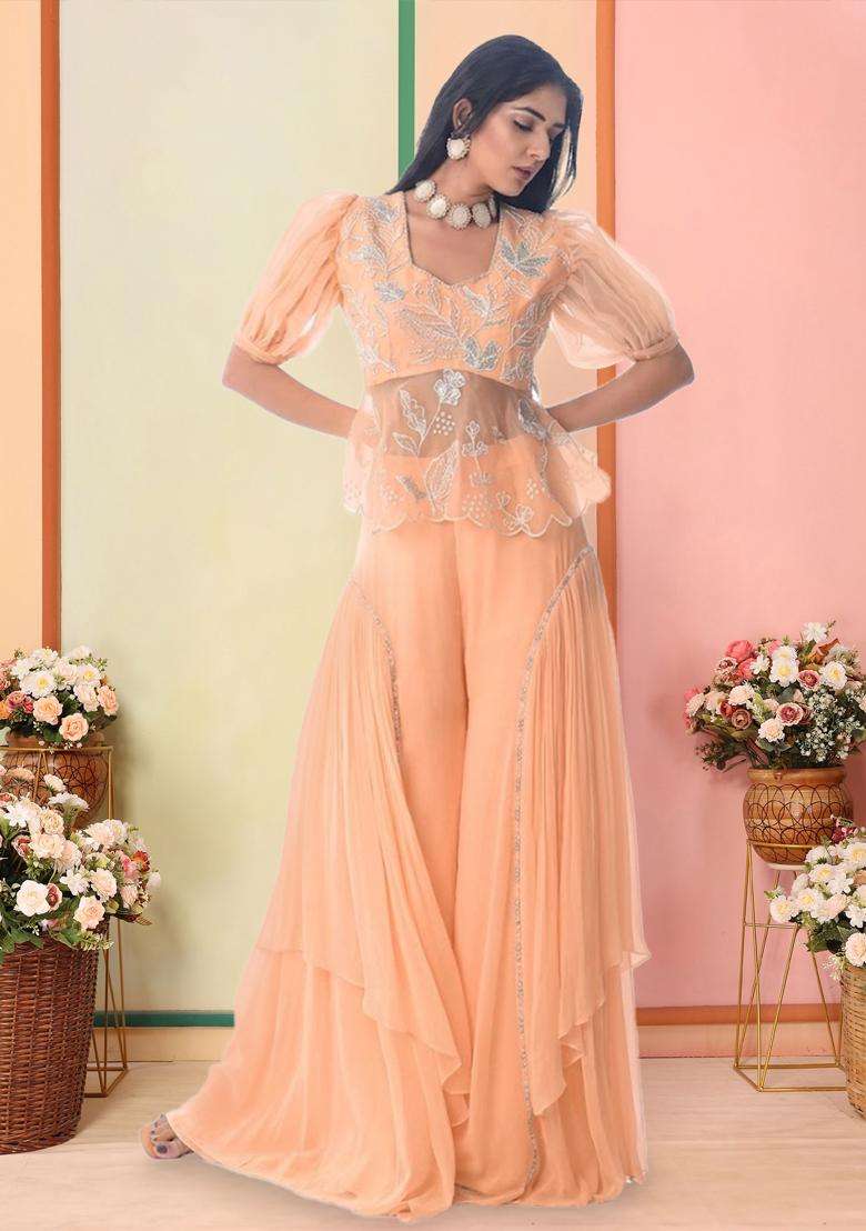 Peach Organza Embroidered Handwork Fusion Set - Indya