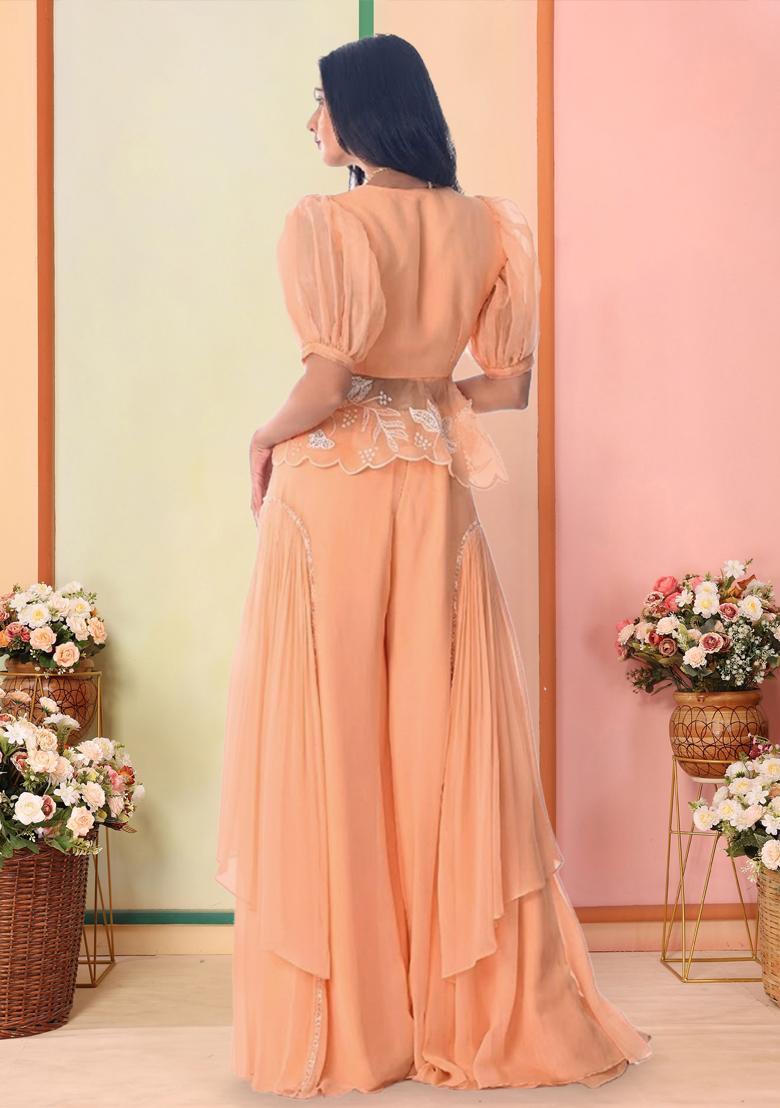 Peach Organza Embroidered Handwork Fusion Set - Indya
