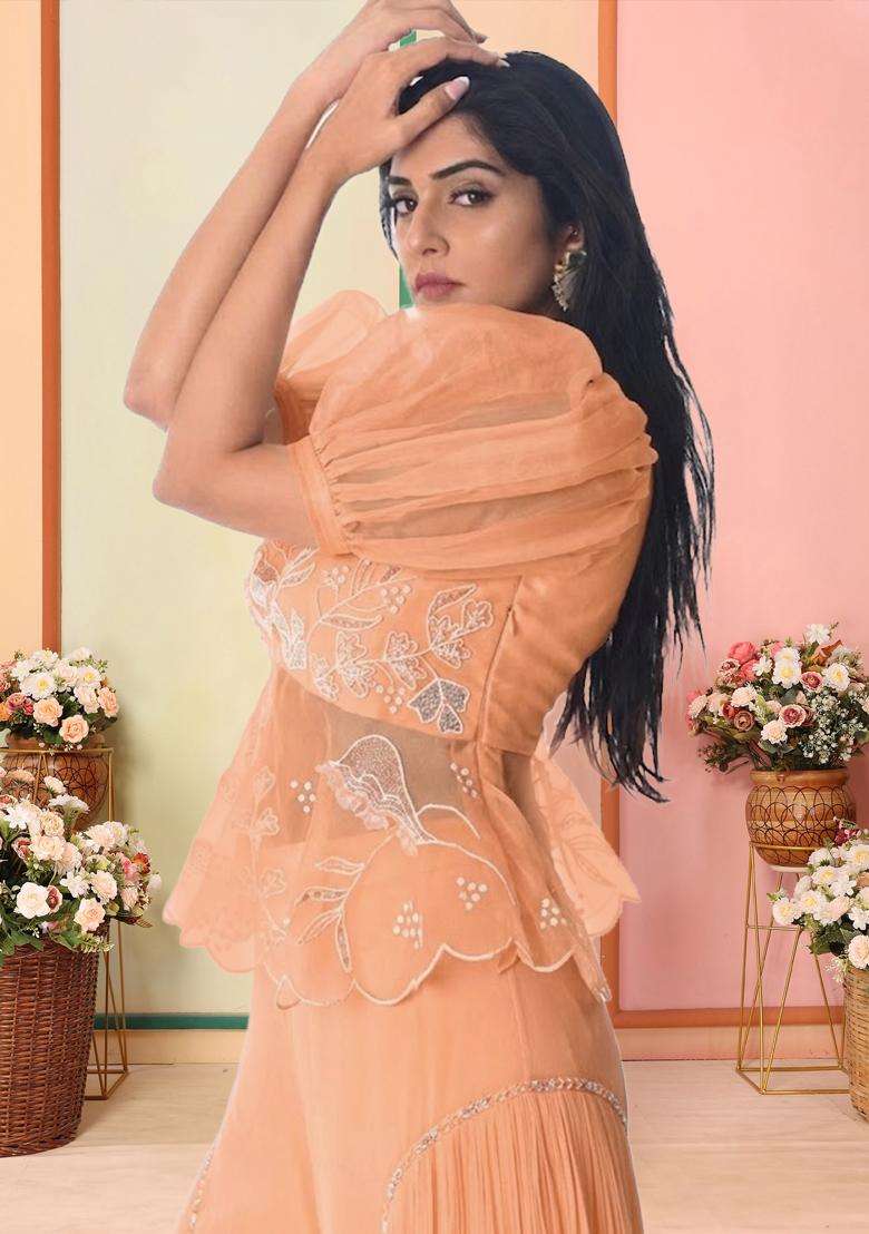 Peach Organza Embroidered Handwork Fusion Set - Indya